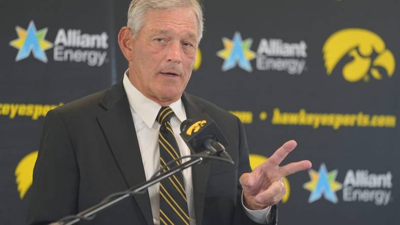 Iowa football coach Kirk Ferentz speaks during the Hawkeyes' media day on Friday, Aug. 11, 2023, in Iowa City.