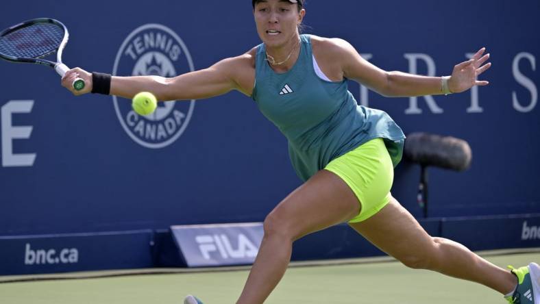 Aug 11, 2023; Montreal, Quebec, Canada; Jessica Pegula (USA) hits a forehand against Coco Gauff (USA) (not pictured) during quarterfinal play at IGA Stadium. Mandatory Credit: Eric Bolte-USA TODAY Sports