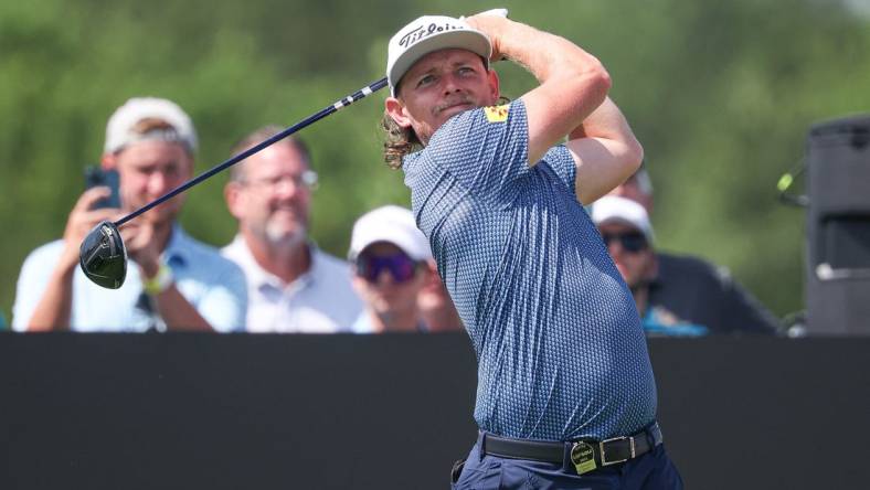 Aug 11, 2023; Bedminster, New Jersey, USA; Cameron Smith plays his shot from the ninth tee during the first round of the LIV Golf Bedminster golf tournament at Trump National Bedminster. Mandatory Credit: Vincent Carchietta-USA TODAY Sports