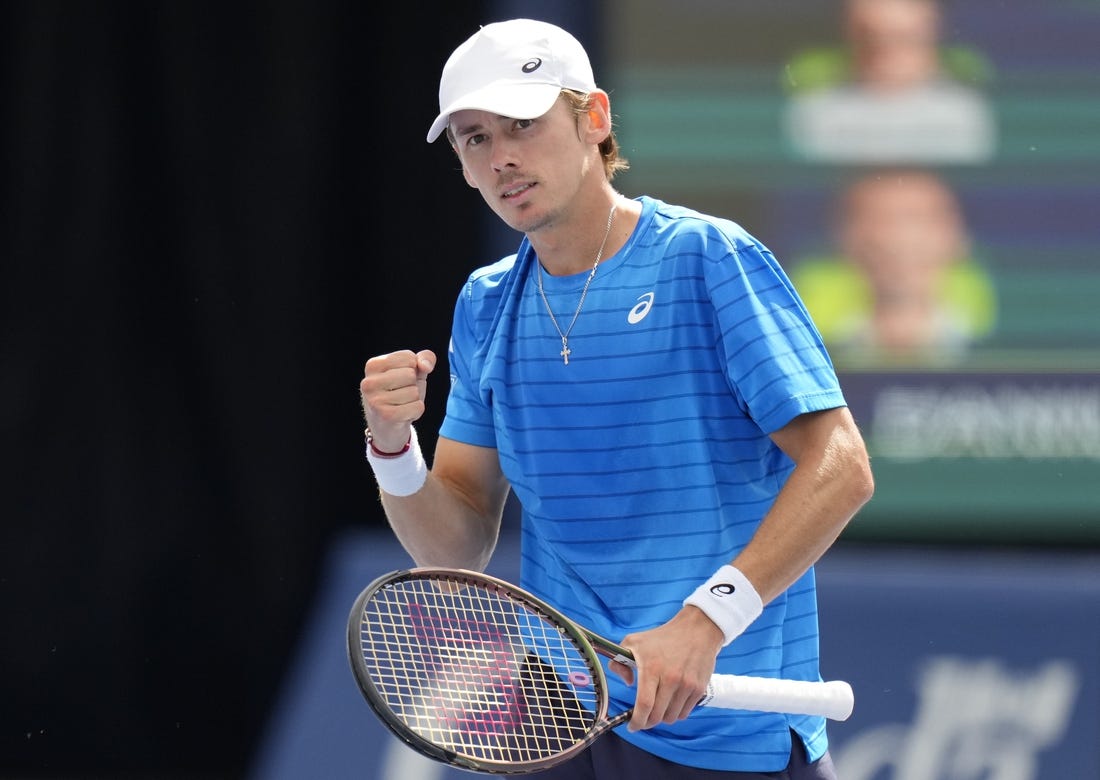 Aug 11, 2023; Toronto, Ontario, Canada; Alex De Minaur (AUS) reacts after a point against Daniil Medvedev (not pictured) at Sobeys Stadium. Mandatory Credit: John E. Sokolowski-USA TODAY Sports