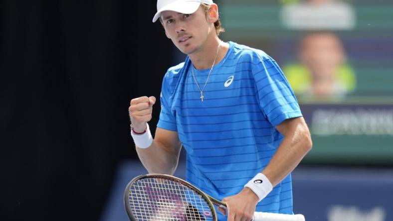 Aug 11, 2023; Toronto, Ontario, Canada; Alex De Minaur (AUS) reacts after a point against Daniil Medvedev (not pictured) at Sobeys Stadium. Mandatory Credit: John E. Sokolowski-USA TODAY Sports