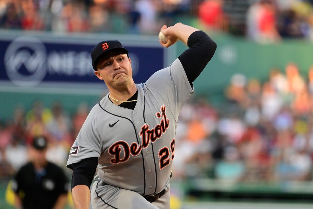 Aug 11, 2023; Boston, Massachusetts, USA; Detroit Tigers starting pitcher Tarik Skubal (29) pitches against the Boston Red Sox during the first inning at Fenway Park. Mandatory Credit: Eric Canha-USA TODAY Sports