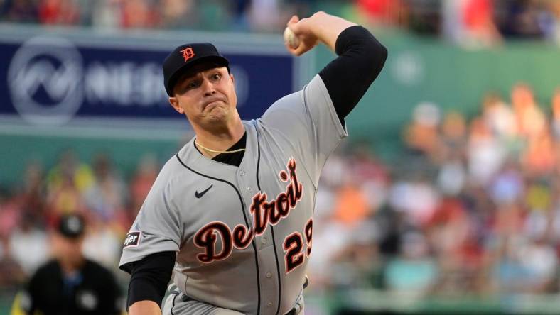 Aug 11, 2023; Boston, Massachusetts, USA; Detroit Tigers starting pitcher Tarik Skubal (29) pitches against the Boston Red Sox during the first inning at Fenway Park. Mandatory Credit: Eric Canha-USA TODAY Sports