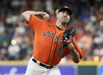 Aug 11, 2023; Houston, Texas, USA;  Houston Astros starting pitcher Justin Verlander (35) pitches against the Los Angeles Angels in the first inning at Minute Maid Park. Mandatory Credit: Thomas Shea-USA TODAY Sports