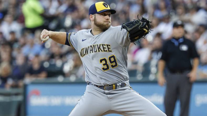 Aug 11, 2023; Chicago, Illinois, USA; Milwaukee Brewers starting pitcher Corbin Burnes (39) delivers a pitch against the Chicago White Sox during the first inning at Guaranteed Rate Field. Mandatory Credit: Kamil Krzaczynski-USA TODAY Sports