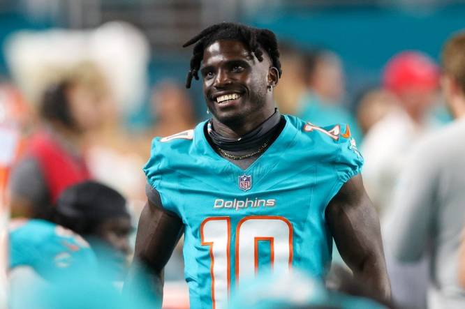 Aug 11, 2023; Miami Gardens, Florida, USA;  Miami Dolphins wide receiver Tyreek Hill (10) looks on against the Atlanta Falcons in the fourth quarter at Hard Rock Stadium. Mandatory Credit: Nathan Ray Seebeck-USA TODAY Sports