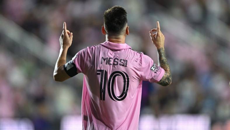 Aug 11, 2023; Fort Lauderdale, FL, USA; Inter Miami CF forward Lionel Messi (10) reacts after scoring a goal in the second half against Charlotte FC at DRV PNK Stadium. Mandatory Credit: Jeremy Reper-USA TODAY Sports