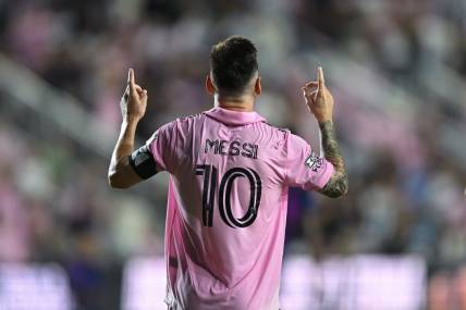 Aug 11, 2023; Fort Lauderdale, FL, USA; Inter Miami CF forward Lionel Messi (10) reacts after scoring a goal in the second half against Charlotte FC at DRV PNK Stadium. Mandatory Credit: Jeremy Reper-USA TODAY Sports