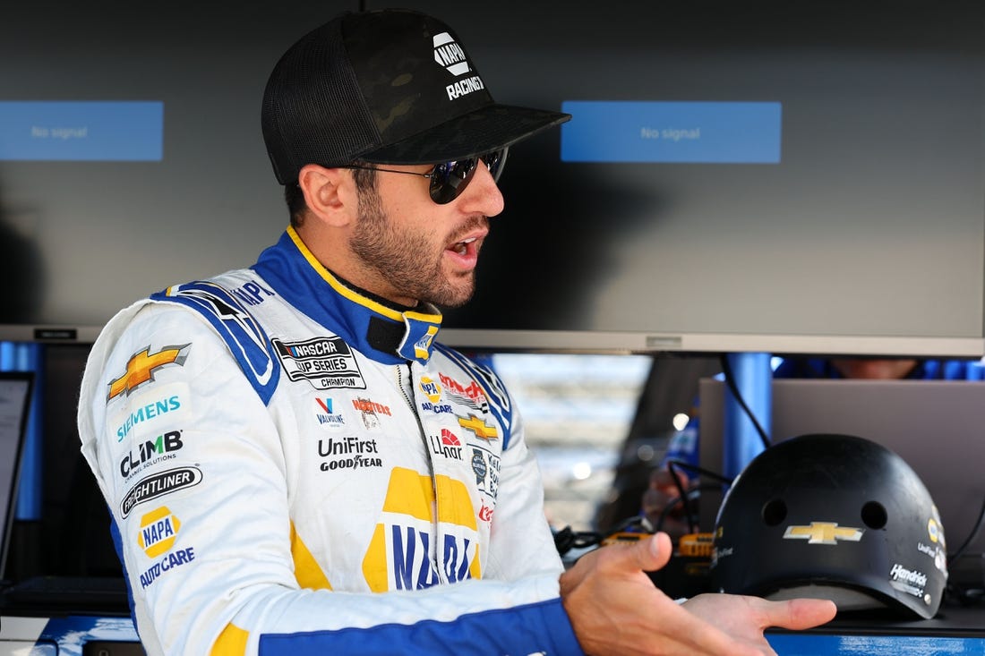 Aug 12, 2023; Speedway, Indiana, USA; NASCAR Cup Series driver Chase Elliott (9) during practice for the Verizon 200 at the Brickyard at Indianapolis Motor Speedway Road Course. Mandatory Credit: Mike Dinovo-USA TODAY Sports