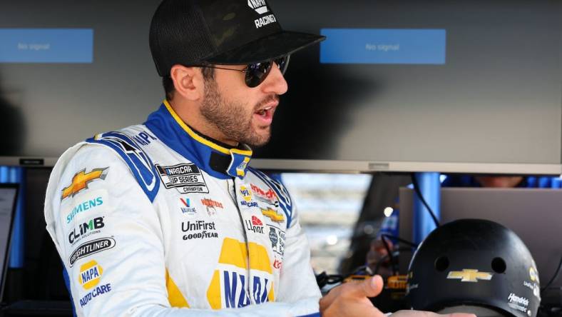 Aug 12, 2023; Speedway, Indiana, USA; NASCAR Cup Series driver Chase Elliott (9) during practice for the Verizon 200 at the Brickyard at Indianapolis Motor Speedway Road Course. Mandatory Credit: Mike Dinovo-USA TODAY Sports