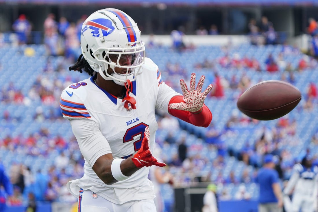 Aug 12, 2023; Orchard Park, New York, USA; Buffalo Bills safety Damar Hamlin (3) warms up prior to the game against the Indianapolis Colts at Highmark Stadium. Mandatory Credit: Gregory Fisher-USA TODAY Sports