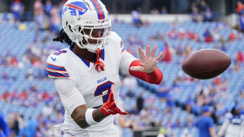 Aug 12, 2023; Orchard Park, New York, USA; Buffalo Bills safety Damar Hamlin (3) warms up prior to the game against the Indianapolis Colts at Highmark Stadium. Mandatory Credit: Gregory Fisher-USA TODAY Sports