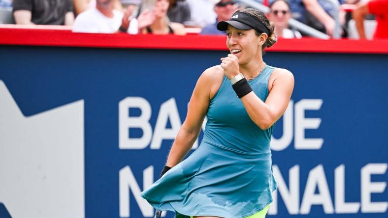 Aug 12, 2023; Montreal, Quebec, Canada; Jessica Pegula (USA) reacts after her win against Iga Swiatek (POL) (not pictured) after semi final play at IGA Stadium. Mandatory Credit: David Kirouac-USA TODAY Sports