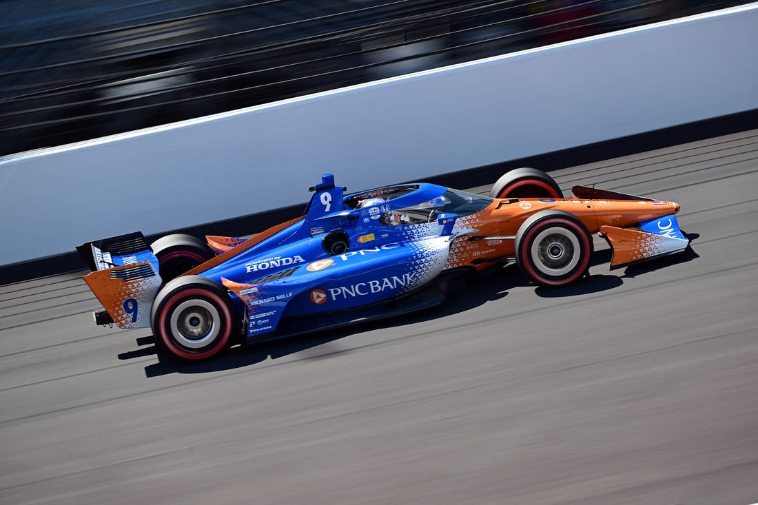 Aug 12, 2023; Speedway, Indiana, USA; Chip Ganassi Racing driver Scott Dixon (9) of New Zealand heads down the straight away during the Gallagher Grand Prix at the Indianapolis Motor Speedway Road Course. Mandatory Credit: Marc Lebryk-USA TODAY Sports