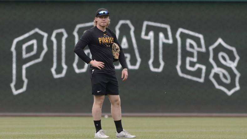 Aug 12, 2023; Pittsburgh, Pennsylvania, USA; Pittsburgh Pirates center fielder Jack Suwinski (65) looks on before the game against the Cincinnati Reds at PNC Park. Mandatory Credit: Charles LeClaire-USA TODAY Sports