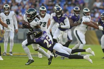Aug 12, 2023; Baltimore, Maryland, USA;  Philadelphia Eagles wide receiver Tyrie Cleveland (85) makes a catch in front of Baltimore Ravens cornerback Kevon Seymour (25) during the first half at M&T Bank Stadium. Mandatory Credit: Tommy Gilligan-USA TODAY Sports