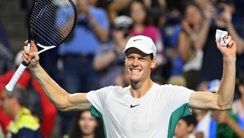 Aug 12, 2023; Toronto, Ontario, Canada; Jannik Sinner (ITA) celebrates after defeating Tommy Paul (USA) (not pictured) in semi-final play at Sobeys Stadium. Mandatory Credit: Dan Hamilton-USA TODAY Sports