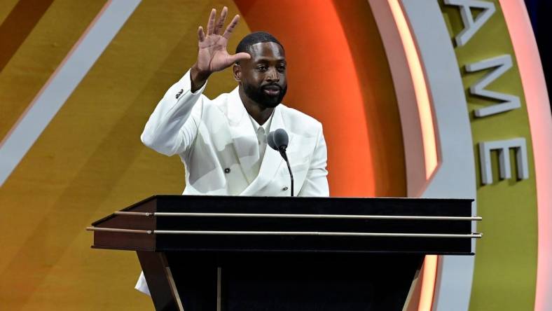 Aug 12, 2023; Springfield, MA, USA;  Dwyane Wade gives his speech as he is inducted into the 2023 Basketball Hall of Fame  at Symphony Hall. Mandatory Credit: Eric Canha-USA TODAY Sports