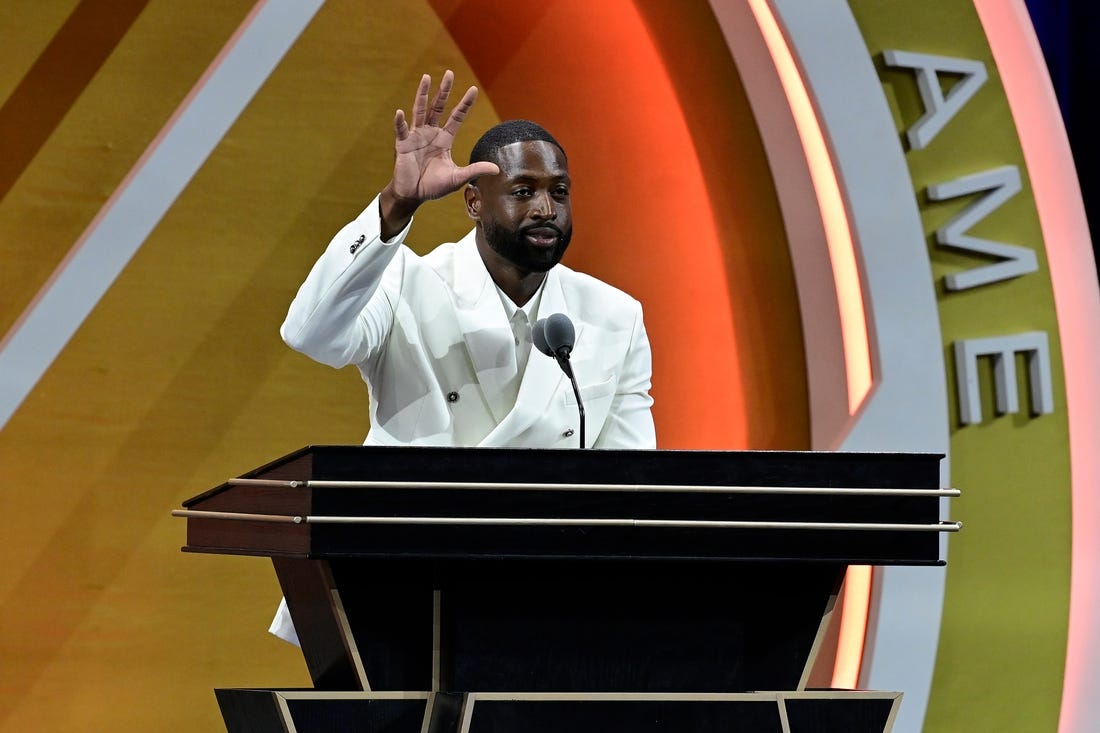 Aug 12, 2023; Springfield, MA, USA;  Dwyane Wade gives his speech as he is inducted into the 2023 Basketball Hall of Fame  at Symphony Hall. Mandatory Credit: Eric Canha-USA TODAY Sports