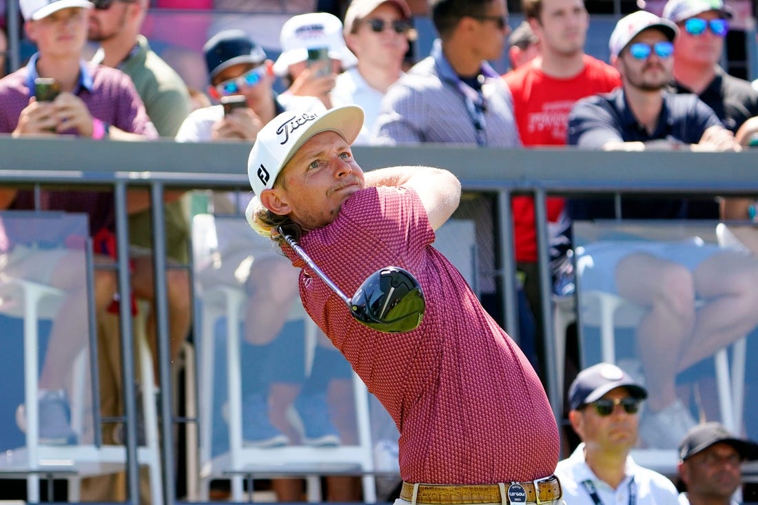 Cameron Smith watches his shot from the first tee during the final round of the LIV Golf Bedminster golf tournament at Trump National Bedminster on Sunday, Aug. 13, 2023.