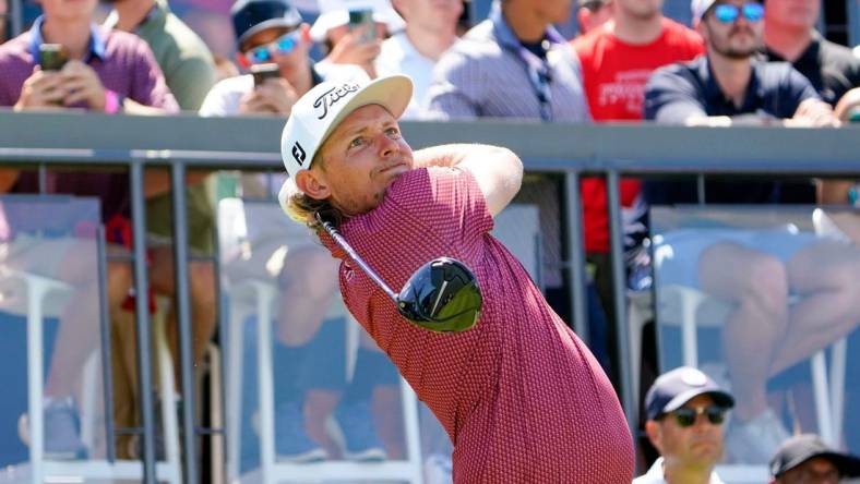 Cameron Smith watches his shot from the first tee during the final round of the LIV Golf Bedminster golf tournament at Trump National Bedminster on Sunday, Aug. 13, 2023.