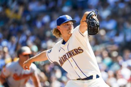 Aug 13, 2023; Seattle, Washington, USA; Seattle Mariners starting pitcher Bryce Miller (50) throws against the Seattle Mariners during the third inning at T-Mobile Park. Mandatory Credit: Joe Nicholson-USA TODAY Sports