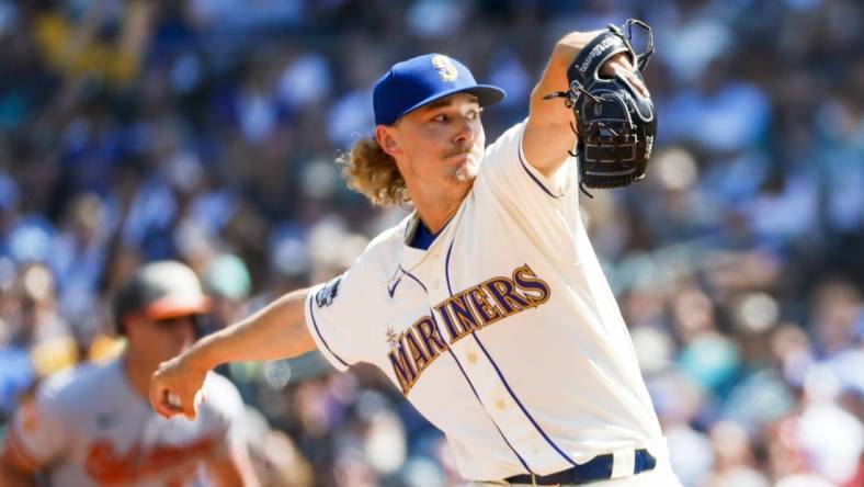 Aug 13, 2023; Seattle, Washington, USA; Seattle Mariners starting pitcher Bryce Miller (50) throws against the Seattle Mariners during the third inning at T-Mobile Park. Mandatory Credit: Joe Nicholson-USA TODAY Sports