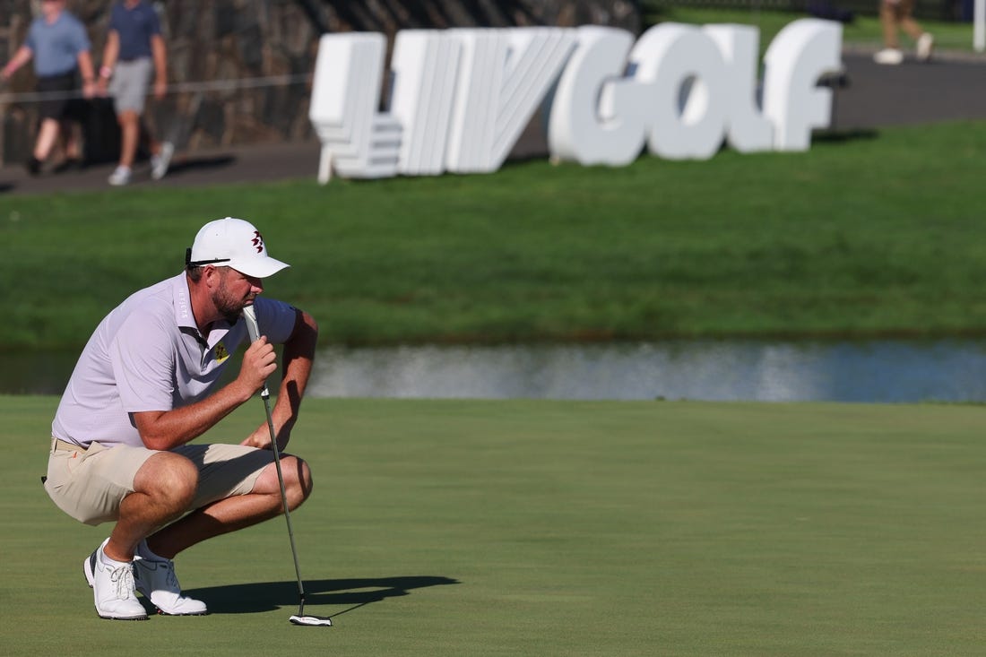 Aug 13, 2023; Bedminster, New Jersey, USA; Marc Leishman looks over his putt on the 18th hole during the final round of the LIV Golf Bedminster golf tournament at Trump National Bedminster. Mandatory Credit: Vincent Carchietta-USA TODAY Sports