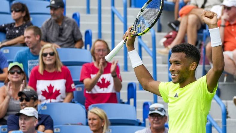 Aug 14, 2023; Mason, OH, USA; Felix Auger-Aliassime (CAN) celebrates winning against Matteo Berrettin (ITA) (not pictured) during the Western & Southern Open at Lindner Family Tennis Center. Mandatory Credit: Carter Skaggs-USA TODAY Sports