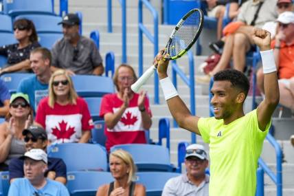 Aug 14, 2023; Mason, OH, USA; Felix Auger-Aliassime (CAN) celebrates winning against Matteo Berrettin (ITA) (not pictured) during the Western & Southern Open at Lindner Family Tennis Center. Mandatory Credit: Carter Skaggs-USA TODAY Sports