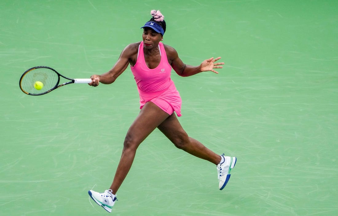 Aug 14, 2023; Mason, OH, USA; Venus Williams concentrates on her shot as she faces Veronika Kudermetova during round one of the Western & Southern Open at the Lindner Family Tennis Center in Mason Monday, August, 14, 2023. Mandatory Credit: Cara Owsley-USA TODAY Sports
