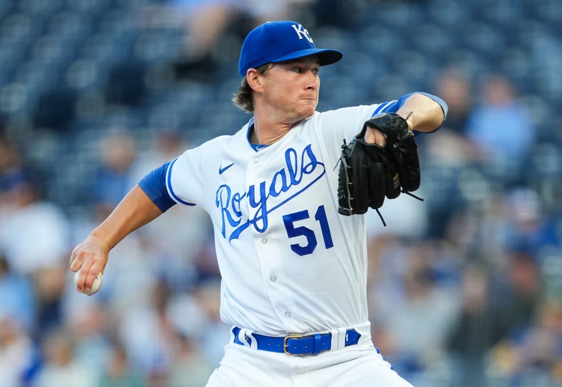 Aug 14, 2023; Kansas City, Missouri, USA; Kansas City Royals starting pitcher Brady Singer (51) pitches during the first inning against the Seattle Mariners at Kauffman Stadium. Mandatory Credit: Jay Biggerstaff-USA TODAY Sports