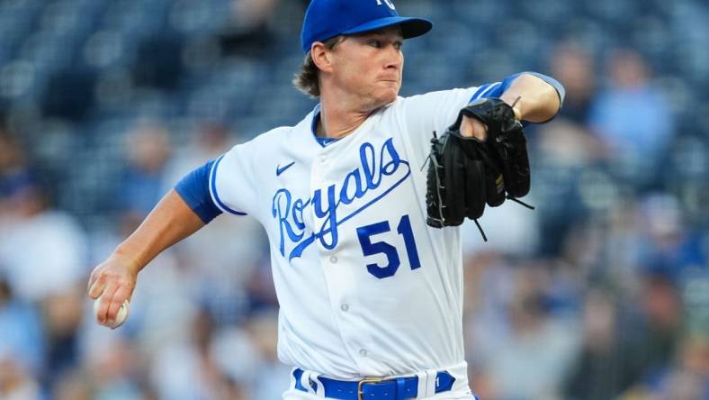 Aug 14, 2023; Kansas City, Missouri, USA; Kansas City Royals starting pitcher Brady Singer (51) pitches during the first inning against the Seattle Mariners at Kauffman Stadium. Mandatory Credit: Jay Biggerstaff-USA TODAY Sports