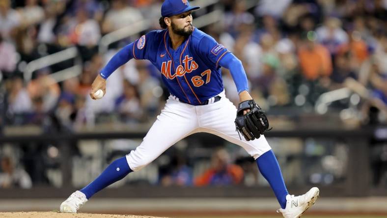 Aug 14, 2023; New York City, New York, USA; New York Mets relief pitcher Tyson Miller (67) pitches against the Pittsburgh Pirates during the fourth inning at Citi Field. Mandatory Credit: Brad Penner-USA TODAY Sports