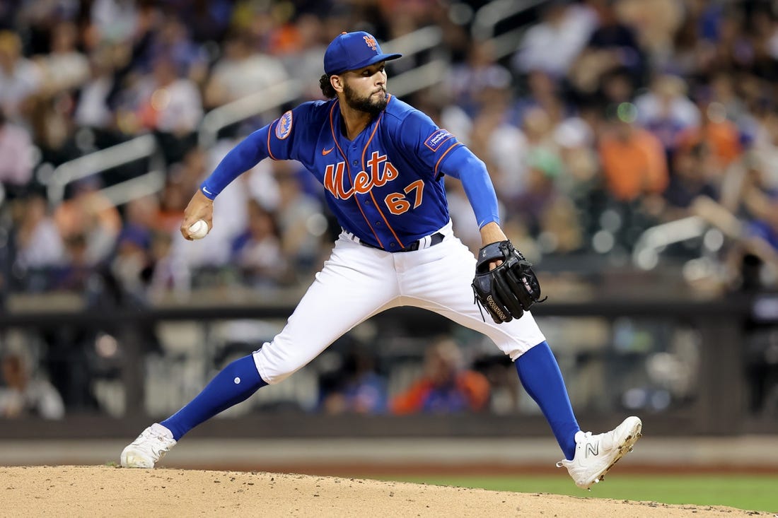 Aug 14, 2023; New York City, New York, USA; New York Mets relief pitcher Tyson Miller (67) pitches against the Pittsburgh Pirates during the fourth inning at Citi Field. Mandatory Credit: Brad Penner-USA TODAY Sports