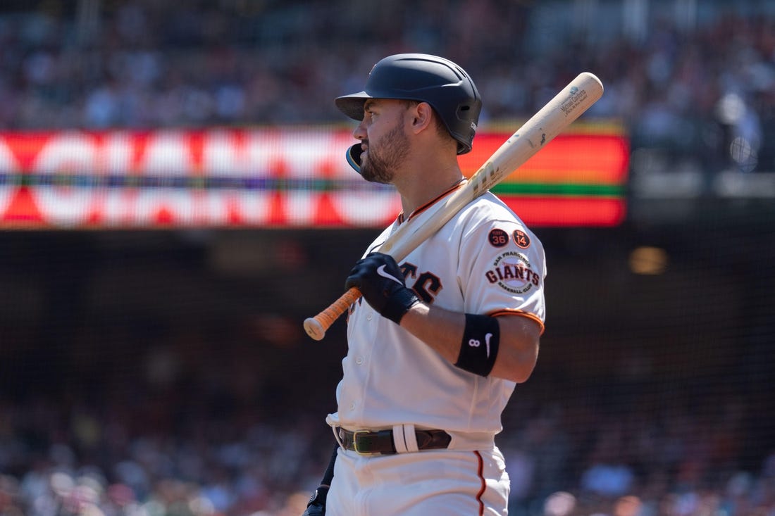 Aug 13, 2023; San Francisco, California, USA;  San Francisco Giants right fielder Michael Conforto (8) during the sixth inning against the Texas Rangers at Oracle Park. Mandatory Credit: Stan Szeto-USA TODAY Sports