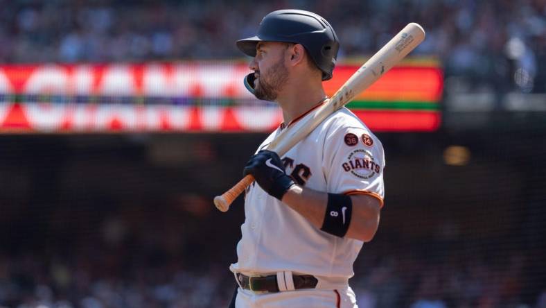 Aug 13, 2023; San Francisco, California, USA;  San Francisco Giants right fielder Michael Conforto (8) during the sixth inning against the Texas Rangers at Oracle Park. Mandatory Credit: Stan Szeto-USA TODAY Sports