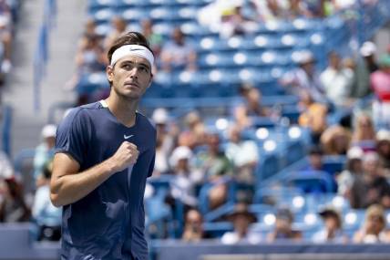 Aug 15, 2023; Mason, OH, USA; Taylor Fritz, of the United States, reacts to defeating Jiri Lehecka, of Czech Republic, during the Western & Southern Open at Lindner Family Tennis Center. Mandatory Credit: Albert Cesare-USA TODAY Sports