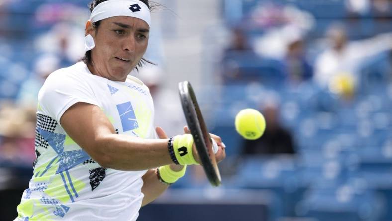 Aug 15, 2023; Mason, OH, USA; Ons Jabeur, of Tunisia, returns to Angelina Kalinina, of Ukraine, during the Western & Southern Open at Lindner Family Tennis Center. Mandatory Credit: Albert Cesare-USA TODAY Sports