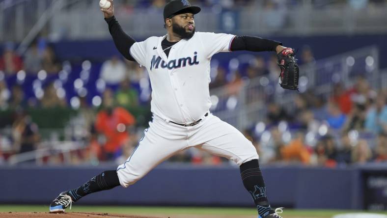 Aug 15, 2023; Miami, Florida, USA;  Miami Marlins starting pitcher Johnny Cueto (47) delivers a pitch against the Houston Astros during the first inning at loanDepot Park. Mandatory Credit: Sam Navarro-USA TODAY Sports