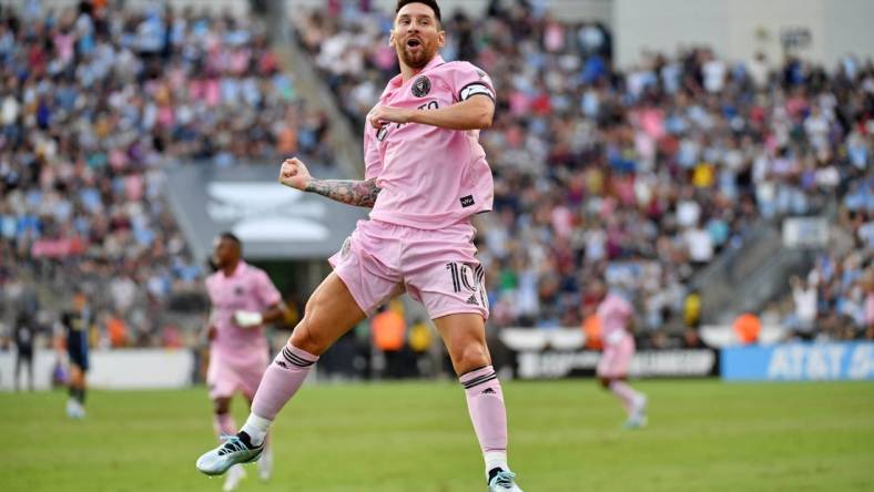 Aug 15, 2023; Chester, PA, USA; Inter Miami CF forward Lionel Messi (10) celebrates after scoring a goal against the Philadelphia Union during the first half at Subaru Park. Mandatory Credit: Eric Hartline-USA TODAY Sports