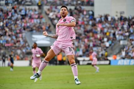 Aug 15, 2023; Chester, PA, USA; Inter Miami CF forward Lionel Messi (10) celebrates after scoring a goal against the Philadelphia Union during the first half at Subaru Park. Mandatory Credit: Eric Hartline-USA TODAY Sports