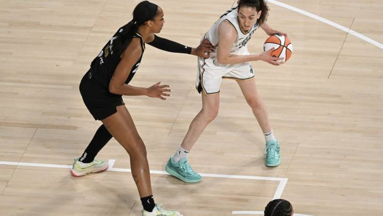 Aug 15, 2023; Las Vegas, Nevada, USA; Las Vegas Aces forward A'ja Wilson (22) defends New York Liberty forward Breanna Stewart (30) during the first quarter at Michelob Ultra Arena. Mandatory Credit: Candice Ward-USA TODAY Sports