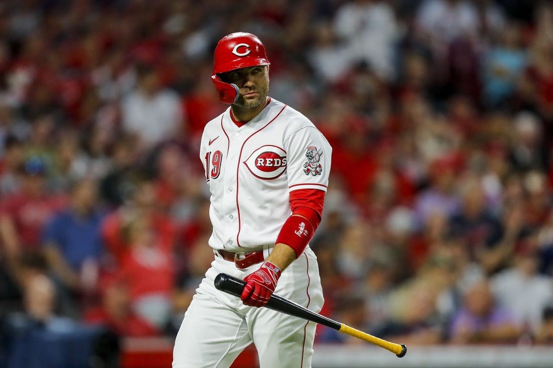 Aug 15, 2023; Cincinnati, Ohio, USA; Cincinnati Reds pinch hitter Joey Votto (19) walks off the field after striking out against the Cleveland Guardians in the seventh inning at Great American Ball Park. Mandatory Credit: Katie Stratman-USA TODAY Sports