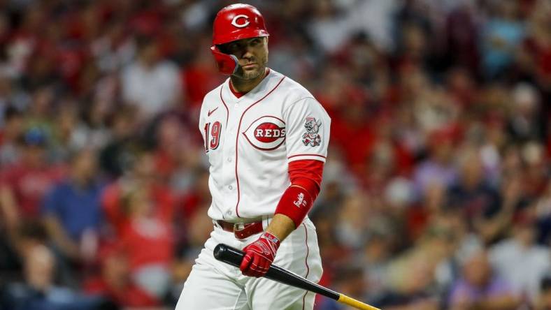 Aug 15, 2023; Cincinnati, Ohio, USA; Cincinnati Reds pinch hitter Joey Votto (19) walks off the field after striking out against the Cleveland Guardians in the seventh inning at Great American Ball Park. Mandatory Credit: Katie Stratman-USA TODAY Sports