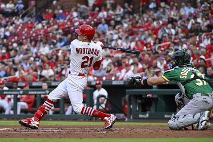Aug 15, 2023; St. Louis, Missouri, USA;  St. Louis Cardinals center fielder Lars Nootbaar (21) hits a double against the Oakland Athletics during the second inning at Busch Stadium. Mandatory Credit: Jeff Curry-USA TODAY Sports