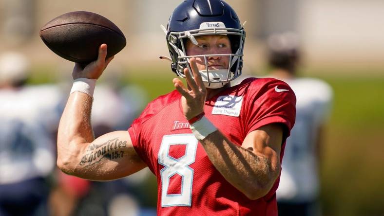 Tennessee Titans quarterback Will Levis (8) throws during a joint practice with the Minnesota Vikings in Eagan, Minn., Wednesday, Aug. 16, 2023.