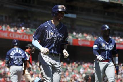 Aug 16, 2023; San Francisco, California, USA; Tampa Bay Rays second baseman Brandon Lowe (8) smiles after hitting a two run home run during the fifth inning against the San Francisco Giants at Oracle Park. Mandatory Credit: Sergio Estrada-USA TODAY Sports