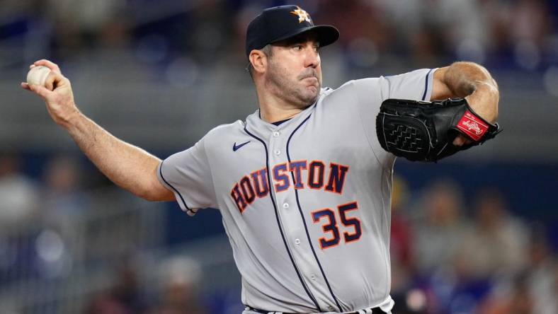 Aug 16, 2023; Miami, Florida, USA; Houston Astros starting pitcher Justin Verlander (35) throws a pitch against the Miami Marlins during the first inning at loanDepot Park. Mandatory Credit: Rich Storry-USA TODAY Sports