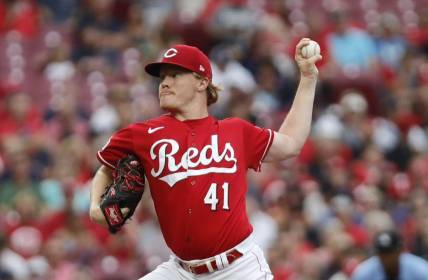 Aug 16, 2023; Cincinnati, Ohio, USA; Cincinnati Reds starting pitcher Andrew Abbott (41) throws against the Cleveland Guardians during the first inning at Great American Ball Park. Mandatory Credit: David Kohl-USA TODAY Sports